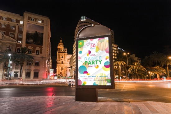 Translucent digital paper stand in a busy city centre with palms - FSC® Chantaffiche  from Material Solutions Ireland